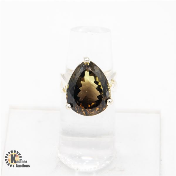 16CT SMOKEY QUARTZ GEM .925 SILVER RING SIZE 7.75