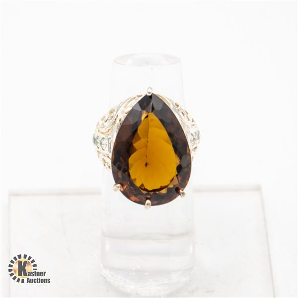 20CT CITRINE GEMSTONE .925 SILVER ART DECO RING