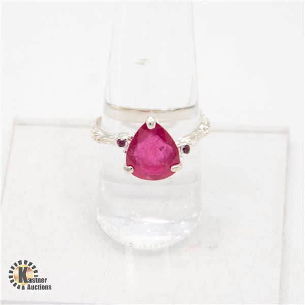 FINE ART RED RUBY STERLING SILVER RING, SIZE 9