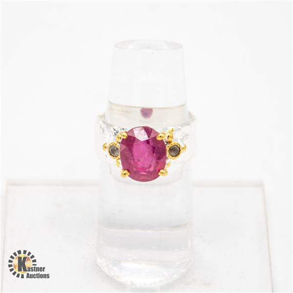 RED RUBY GEMSTONE STERLING SILVER RING, SIZE 7.5