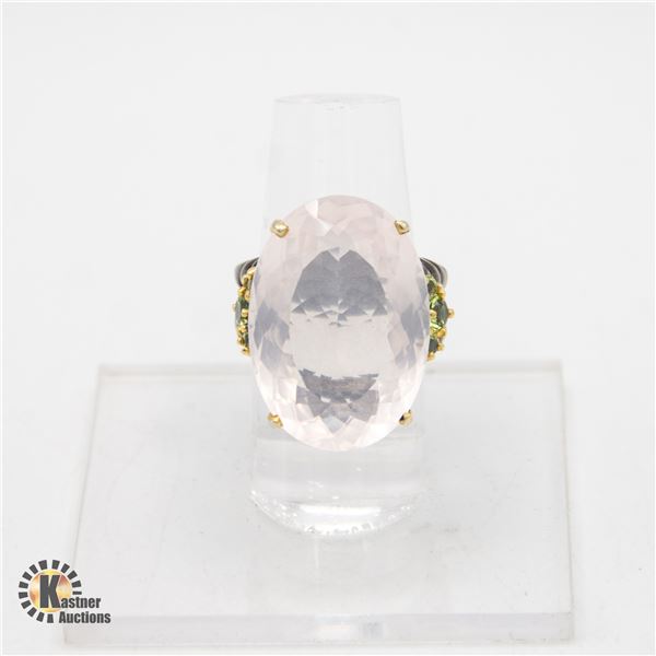 37CT+ ROSE QUARTZ GEM .925 SILVER ART DECO RING
