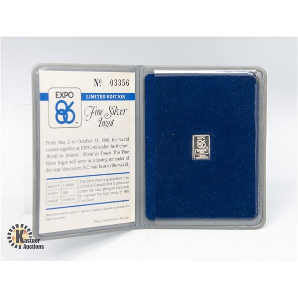 EXPO 86 1 GRAM FINE SILVER INGOT IN DISPLAY CASE
