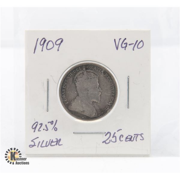 1909 KING EDWARD 92.5% SILVER 25 CENTS