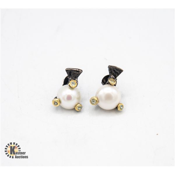 PEARL & GEMSTONE STERLING SILVER EARRINGS, NEW