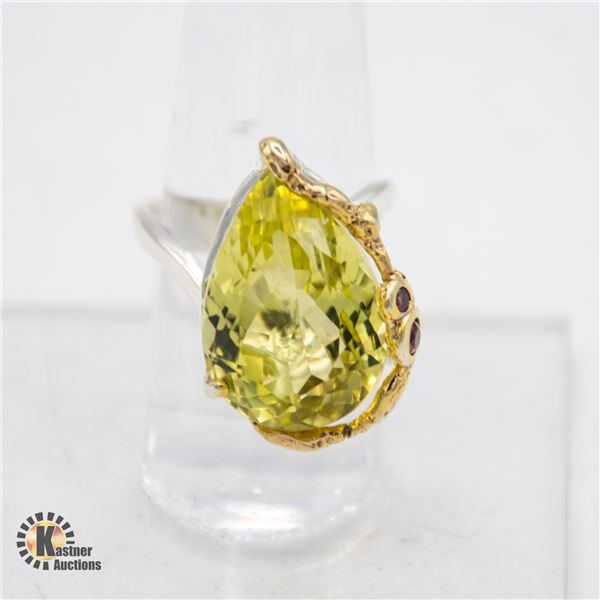 20CT+ LEMON CITRINE GEM .925 SILVER RING, SIZE 9