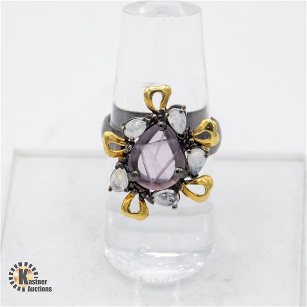 NATURAL AMETHYST & OPAL .925 SILVER RING SZ 8.75