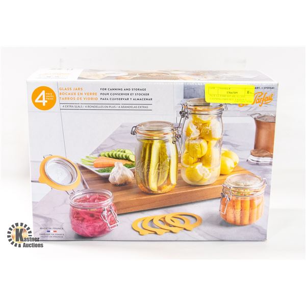 NEW LE PARFAIT 4PC GLASS CANNING JARS SET, VARIOUS