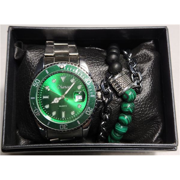 NEW 2 PC SET FASHIONABLE GREEN DIAL LUXURY WATCH