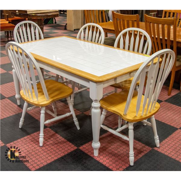 WHITE WOOD AND TILE TOP KITCHEN TABLE W. 6 CHAIRS