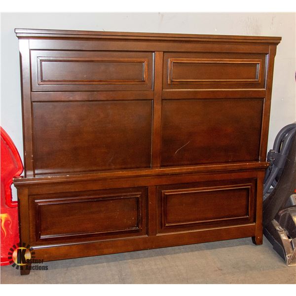 SOLID DARK WOOD QUEEN HEADBOARD AND FOOT-