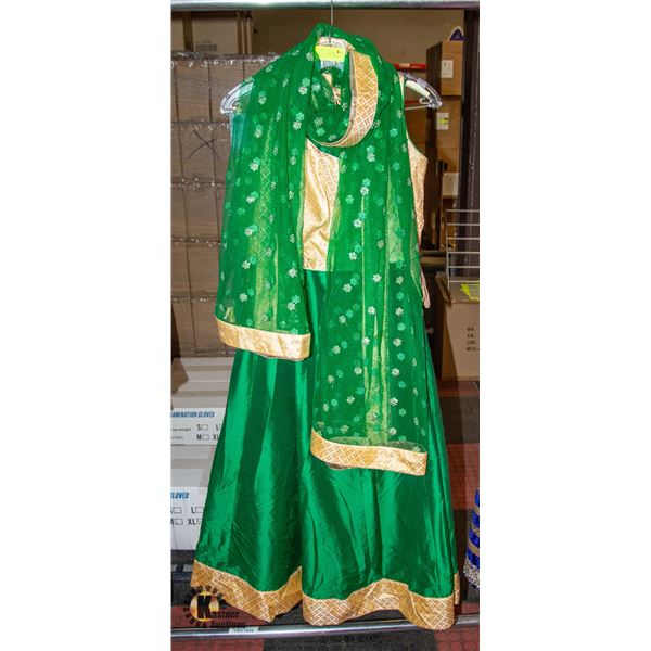 GREEN WITH GOLD INDIAN FULL LENGTH DRESS