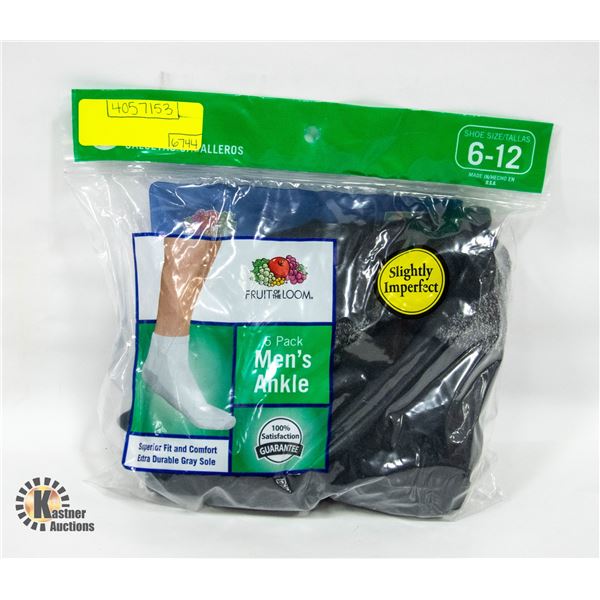 FRUIT OF THE LOOM MEN'S 6 PACK BLACK ANKLE SOCKS