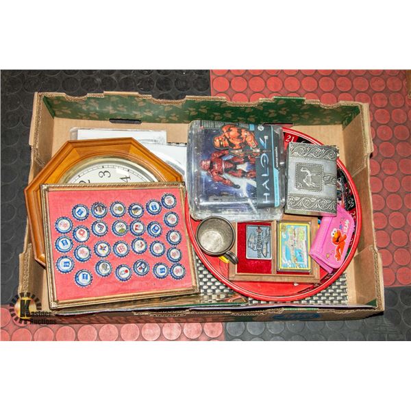 BOX WITH COLLECTABLES INCL. DARK OAK CLOCK,