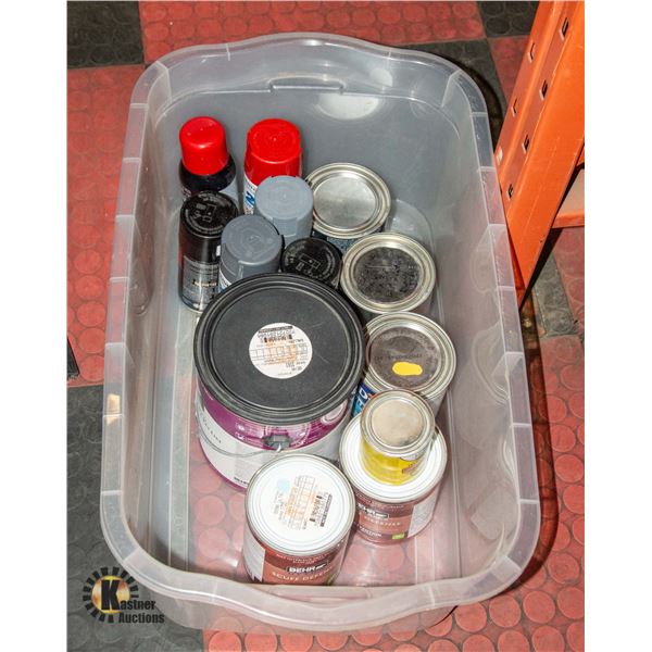 TOTE WITH ASSORTMENT OF NEW PAINTS & STAIN INCL.
