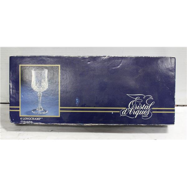SIX 24% LEAD CRYSTAL LONG CHAMP GLASSES IN