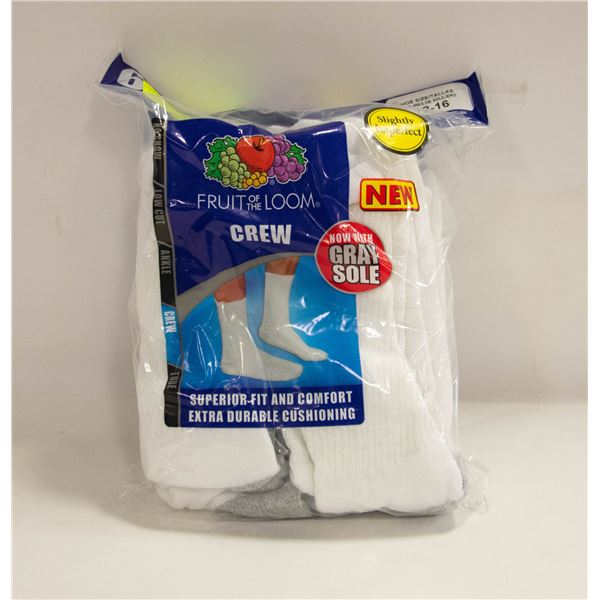 WHITE CREW SOCKS 12-16 SIZE 6-PACK FRUIT OF LOOM
