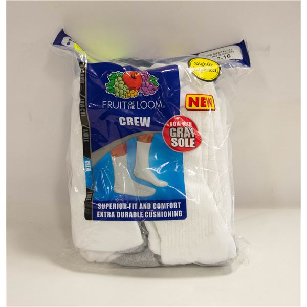 WHITE CREW SOCKS 12-16 SIZE 6-PACK FRUIT OF LOOM