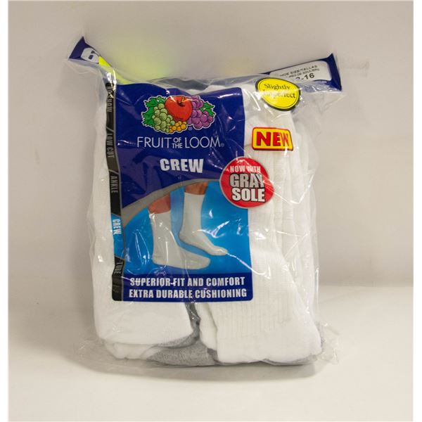 WHITE CREW SOCKS 12-16 SIZE 6-PACK FRUIT OF LOOM