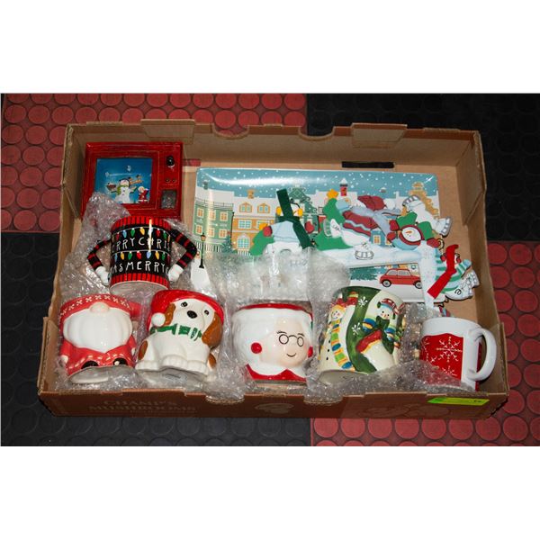 FLAT WITH COLLECTION OF 6 CHRISTMAS MUGS,
