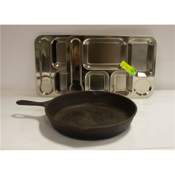 12 INCH LARGE LODGE CAST IRON FRY PA& 2 METAL T.V.