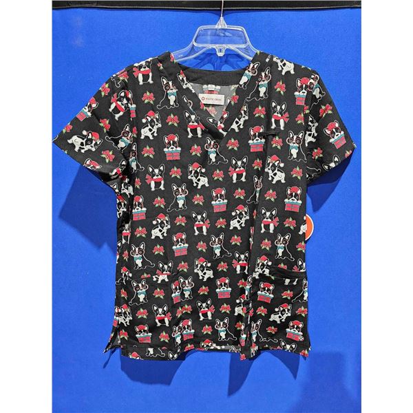 Women's White Cross Christmas Puppy Scrub Top - Medium