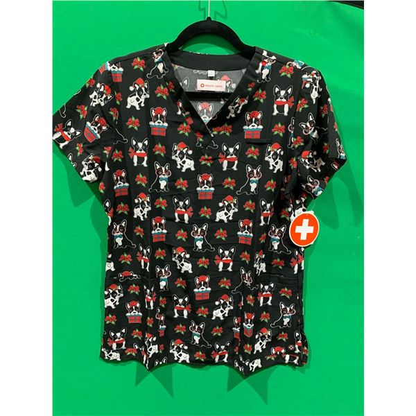 Women's White Cross Christmas Puppy Scrub Top - Small