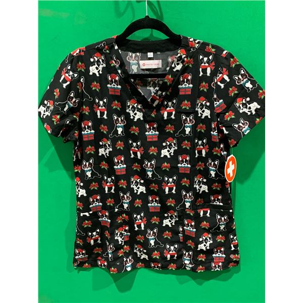 Women's White Cross Christmas Puppy Scrub Top - Small