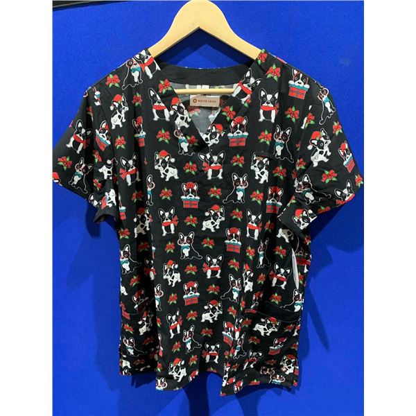 Women's White Cross Christmas Puppy Scrub Top - Large