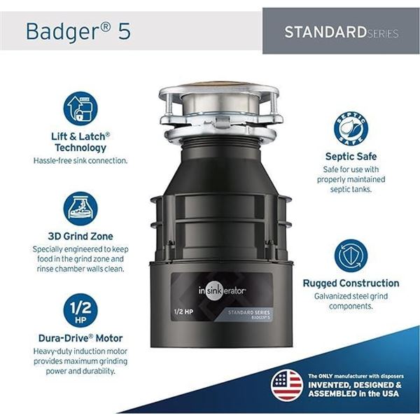 InSinkErator Garbage Disposal, Badger 5, 1/2 HP Continuous Feed Garburator