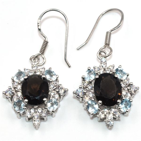 Silver Smokey Quartz Blue Topaz Cz(5.1ct) Rhodium Plated Earrings (~Size 0) (~length 0 inches) (~wei