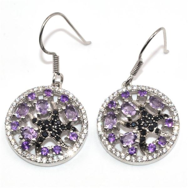 Silver Amethyst Black Spinel Cz(4.9ct) Rhodium Plated Earrings (~Size 0) (~length 0 inches) (~weight