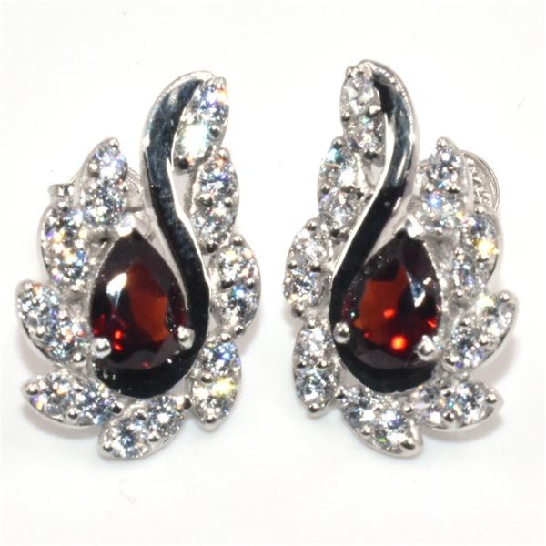 Silver Garnet Cz(2.2ct) Rhodium Plated Earrings (~Size 0) (~length 0 inches) (~weight 3.8g)