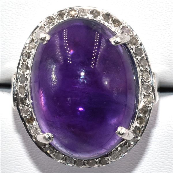 Silver Amethyst Diamond(13.4ct) Rhodium Plated Ring (~Size 7.5)(Ring is resizable for $40) (~length 