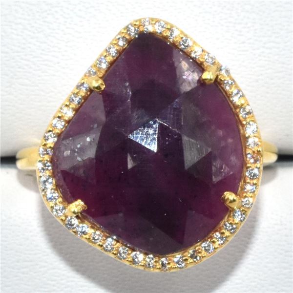 Gold plated Silver Ruby Cz(4.5ct) Rhodium Plated Ring (~Size 7)(Ring is resizable for $40) (~length 