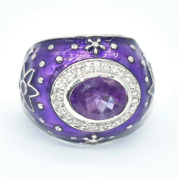 Silver Amethyst Cz(3.8ct) Rhodium Plated Enamel Work Ring (~Size 7)(Ring is resizable for $40) (~len