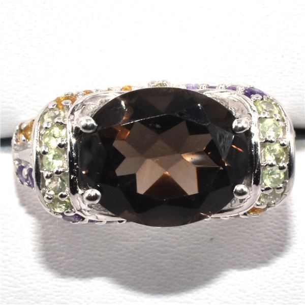 Silver Smokey Quartz Gems Stone(3.6ct) Rhodium Plated Ring (~Size 7)(Ring is resizable for $40) (~le