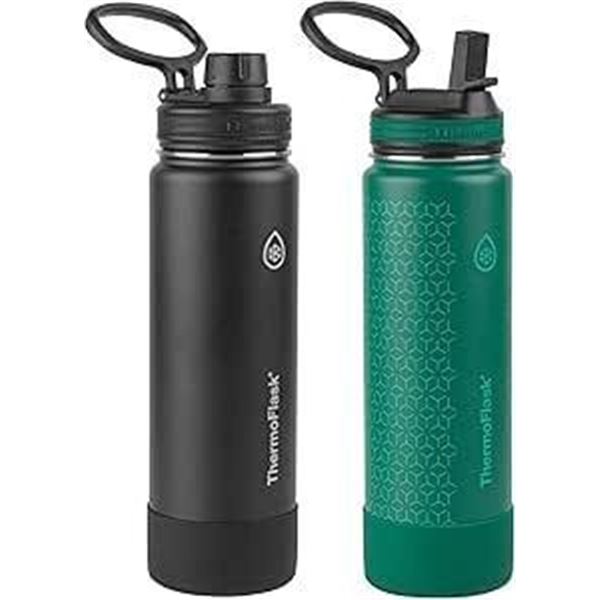 ThermoFlask 24 oz Double Wall Vacuum Insulated Stainless Steel 2-Pack of Water Bottles, Black/Malach