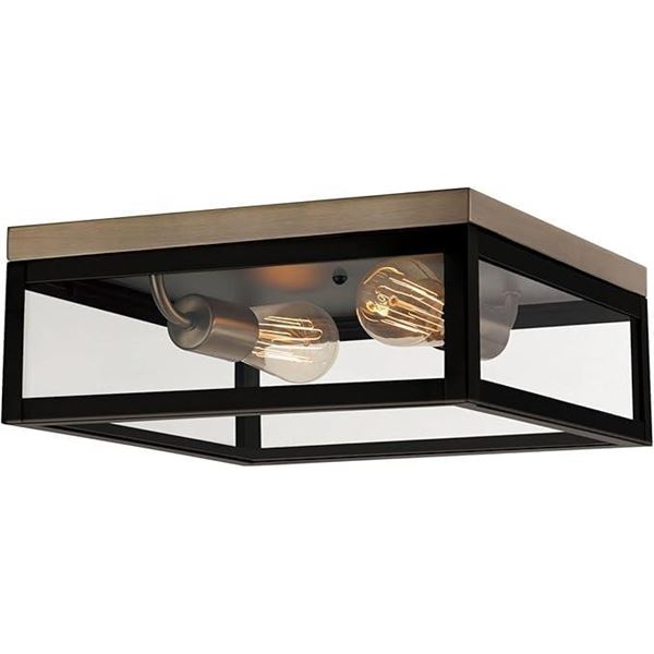 Globe Electric 65919 Verona 2-Light Flush Mount, Dark Bronze, Antique Brass Accents, 5 Clear Glass P