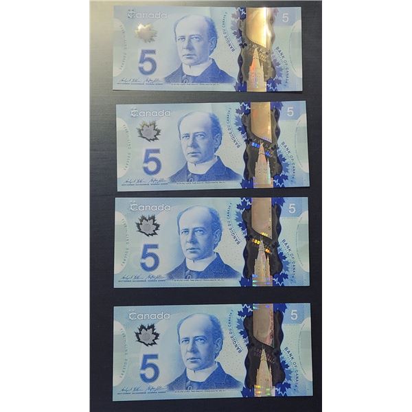 Four Sequential 2013 Canadian Five Dollar Banknotes.