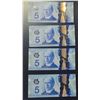 Image 1 : Four Sequential 2013 Canadian Five Dollar Banknotes.
