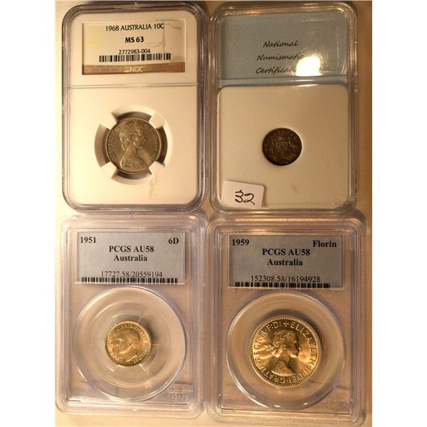Australia, 3 Pence 1928 Cert. by NNC, 6 Pence 1951 + Florin 1959 Certif. by PCGS all 3 Silver AU-58 
