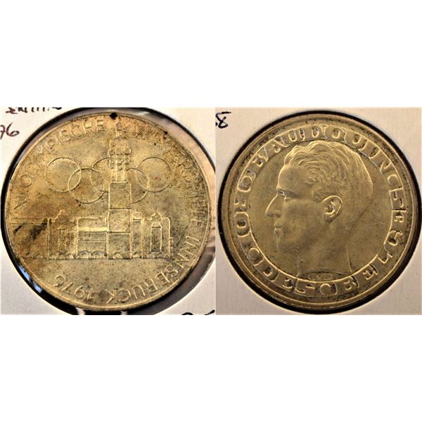 Austria 100 Shillings 1976 Winter Olympics BU + Belgium 50 Francs 1958 World Fair, Silver UNC (2)