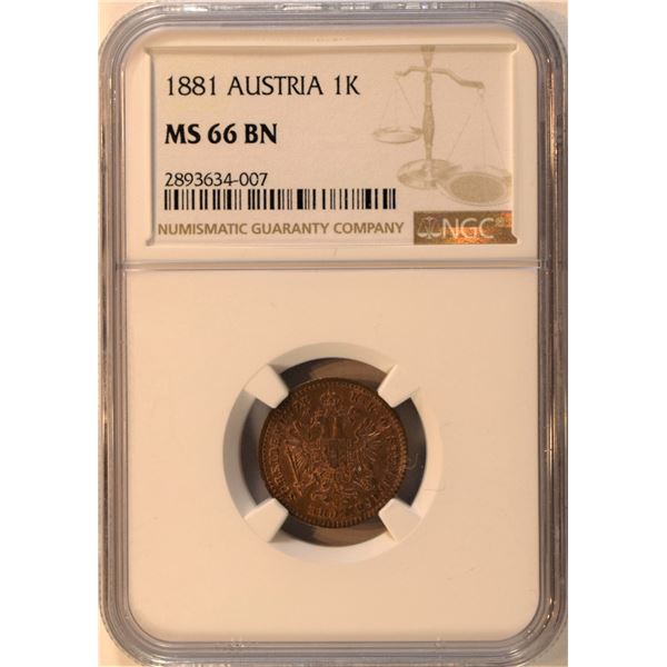 Austria, 1 Kreuzer 1881 Copper MS-66 NGC Certified Repunched * not reflected on level, "TOP POP" Onl
