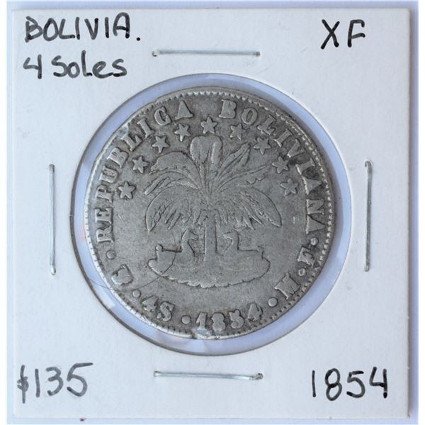 Bolivia, 4 Soles 1854-PTS-MF (Potosi, Not Period) Silver AUNC-