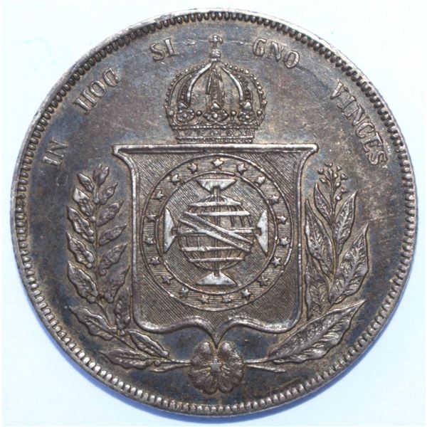 Brazil, 1000 Reis Best Date 1860/50 Silver .917 with 12.65g Nice Patina, About Mint State with Some 