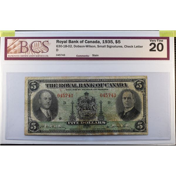 Canada, "Royal Bank of" 5$ 1935 Charlton 630-18-02 VF-20 Certified BCS Stain