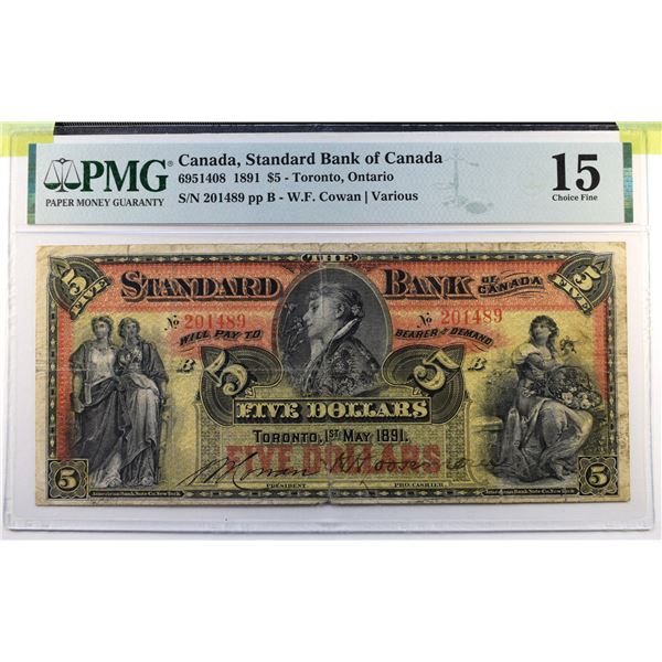 Canada, "Standard Bank of" 5$ 1891 Pick S1441d, Charlton 965-14-08 F-15 Certified PMG