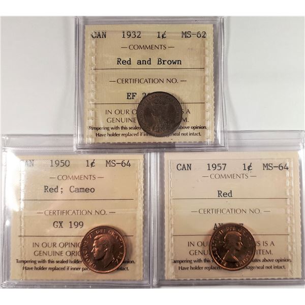 Canada, 0.01c Trio 1932 in MS-62 RB, 1950 MS-65 Red Cameo and 1957 MS-64 Red all Certified ICCS (3)