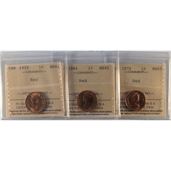 Canada, 0.01c X 3 / 1939 MS-64 Red, 1964 and 1979 both MS-65 Red all ICCS Certified (3)