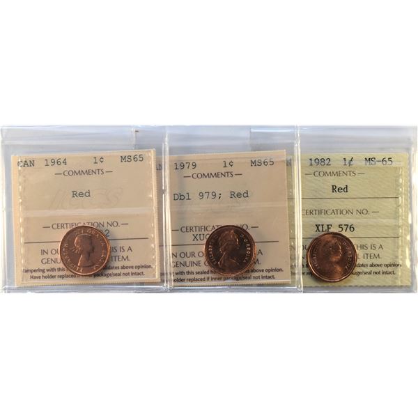 Canada, 0.01c X 3 / 1964, 1979 and 1982 all 3 MS-65 Red all ICCS Certified (3)